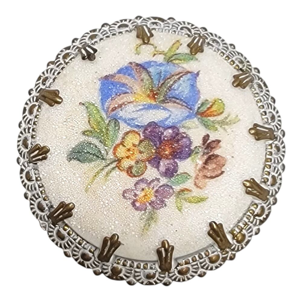 Vintage Western Germany Floral Brooch Pin Domed Sugar Glass Filigree 1950s
